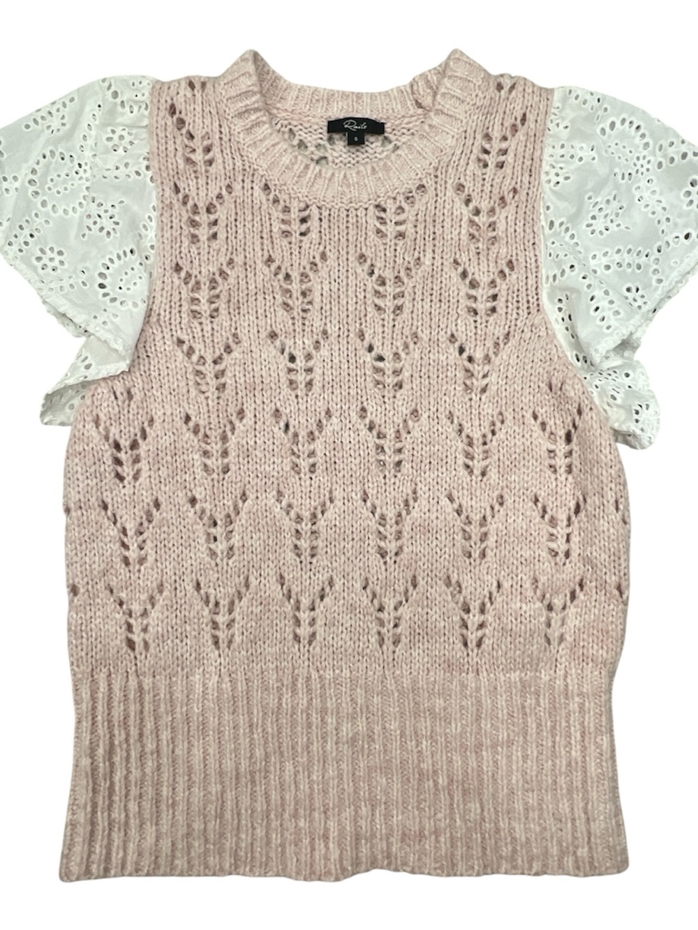Rails Pink Knit Pullover Sweater White Eyelet Flutter Sleeves S - Picture 2 of 7